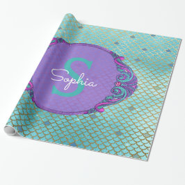 Aquamarine und Lila Mermaid-Scales Monogram zum Ge Geschenkpapier