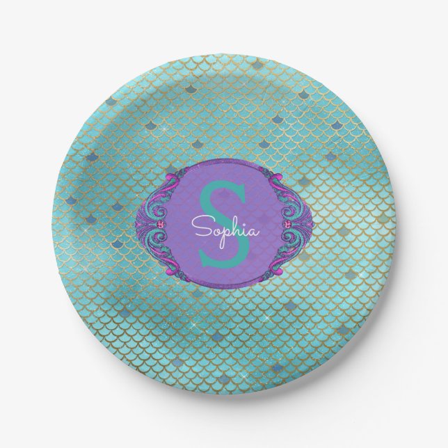 Aquamarine und Lila Mermaid-Scales Monogram zum Ge Pappteller (Vorderseite)