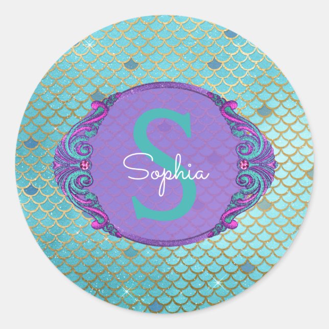 Aquamarine und Lila Mermaid-Scales Monogram zum Ge Runder Aufkleber (Vorderseite)