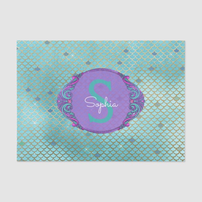 Aquamarine und Lila Mermaid-Scales Monogram zum Ge Seidenpapier (Vorderseite)