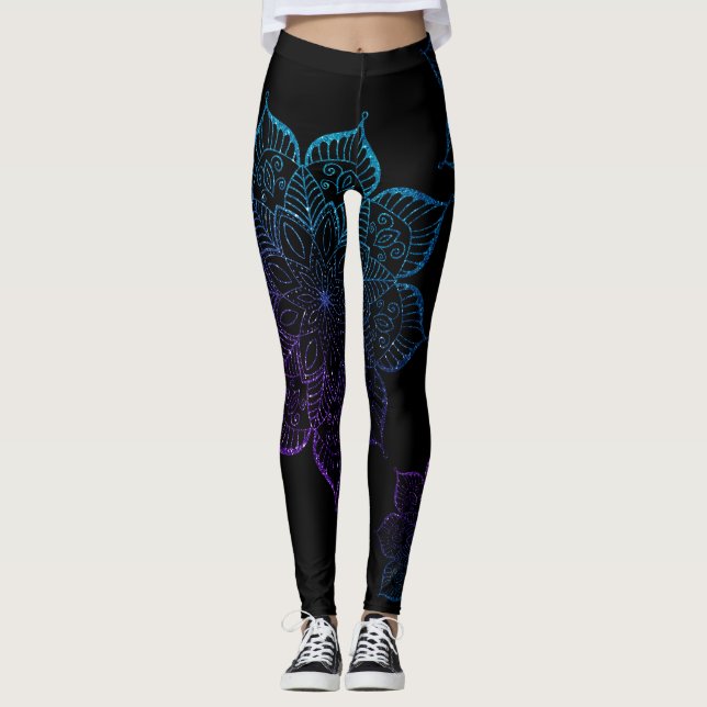 Aquamarine und Lila Ombre Imitats Glitzer Mandalas Leggings (Vorderseite)