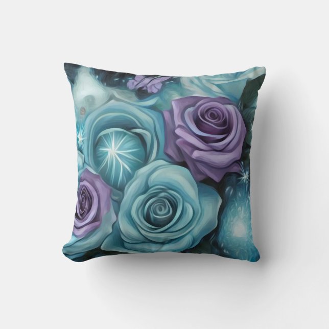 Aquamarine und Lila Rose Kissen (Vorderseite)