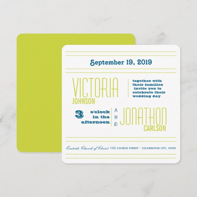 Aquamarine und Limone Hochzeit der modernen Typogr Einladung (Vorne/Hinten)