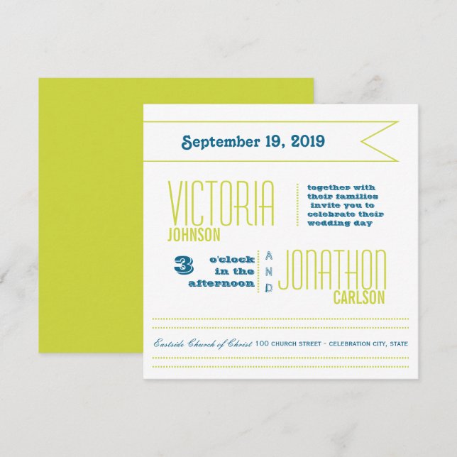 Aquamarine und Limone Hochzeit der modernen Typogr Einladung (Vorne/Hinten)