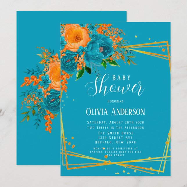 Aquamarine und orange Florals Gold Baby Dusche Einladung (Vorne/Hinten)