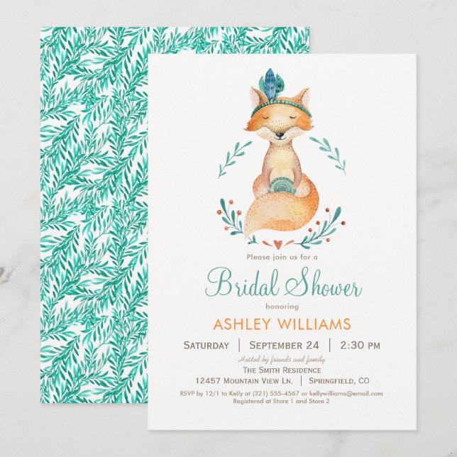 Aquamarine und Orange Fox Bridal Dusche Einladung (Vorne/Hinten)