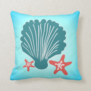 Aquamarine und orange SeeMuschel und Stern-Fische Kissen