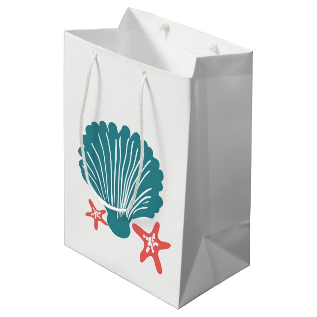 Aquamarine und orange SeeMuschel und Stern-Fische Mittlere Geschenktüte (Vorderseite Schrägansicht)