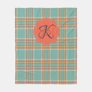 Aquamarine und Orange Tartan Karierte Monogramm-Bl Fleecedecke