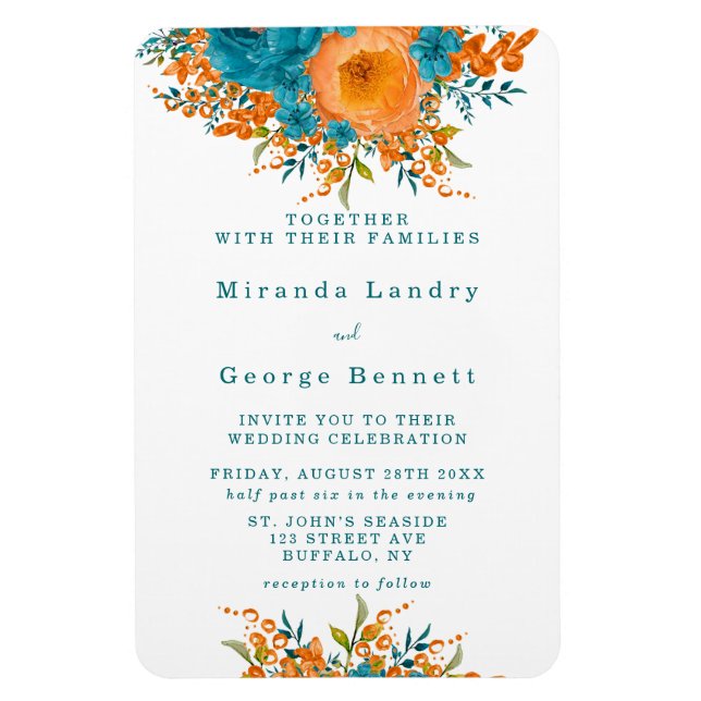 Aquamarine und orangefarbene Florals Hochzeitsfeie Magnet (Vertikal)