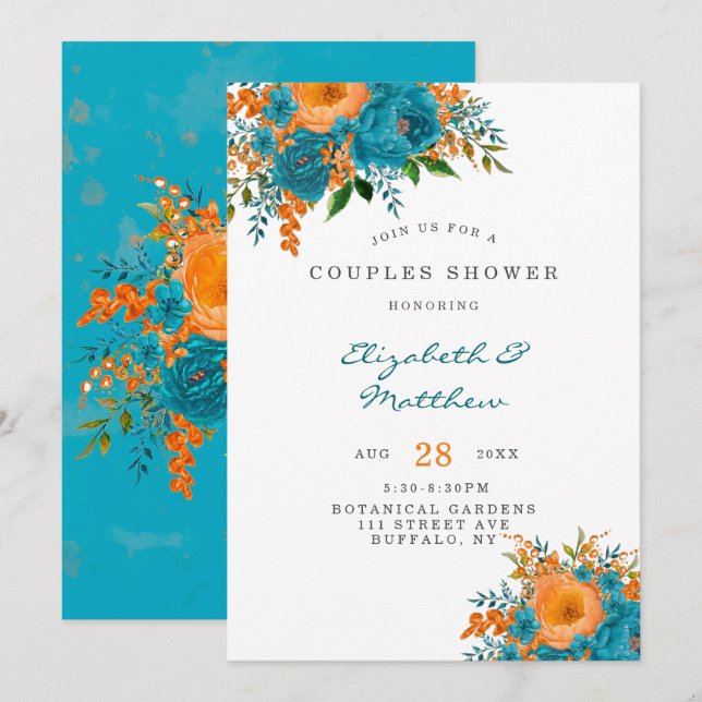 Aquamarine und orangefarbene Florals Paare Dusche Einladung (Vorne/Hinten)