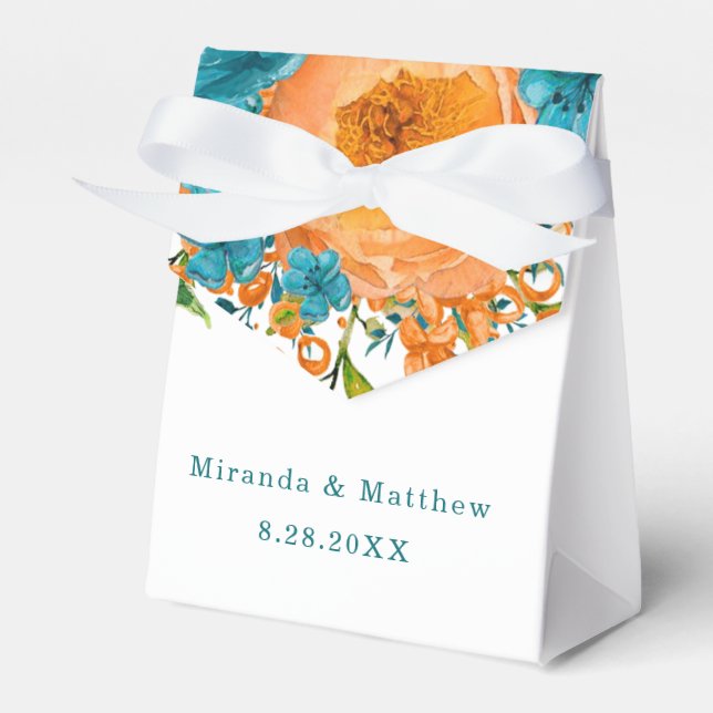 Aquamarine und orangefarbene Hochzeit mit Blumen Geschenkschachtel (Vorderseite)