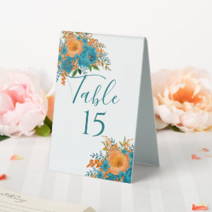 Aquamarine und orangefarbene Hochzeitsfeier Tischn Tischaufsteller