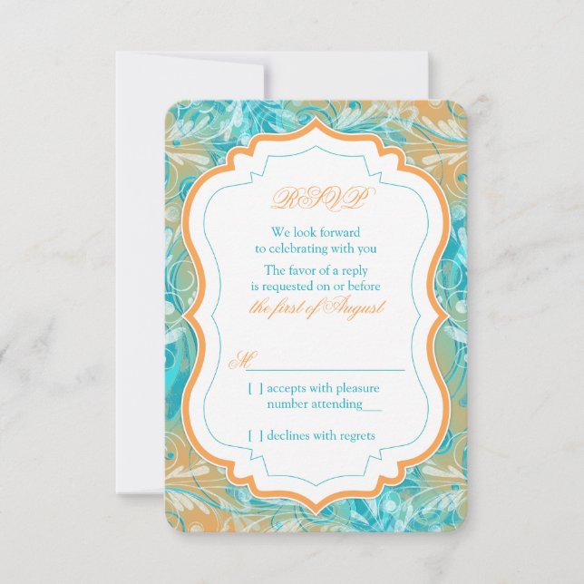 Aquamarine und orangefarbene Hochzeitsstimmung im  RSVP Karte (Vorderseite)