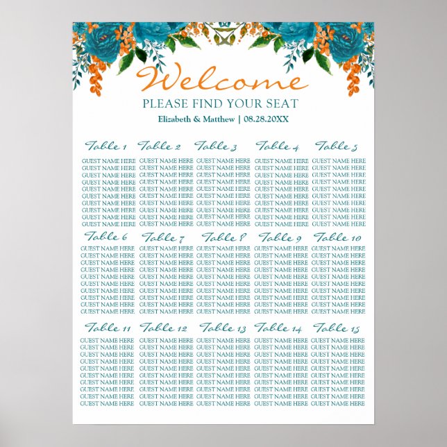 Aquamarine und orangefarbene Hochzeitstabelle Poster (Vorne)