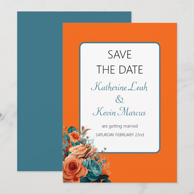Aquamarine und orangefarbene Save the Date Hochzei Einladung (Vorne/Hinten)