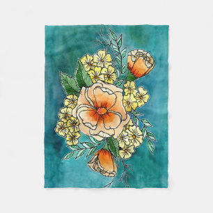 Aquamarine und pfirsichfarbene Blumen Fleecedecke