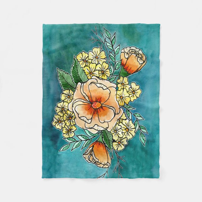 Aquamarine und pfirsichfarbene Blumen Fleecedecke (Vorderseite)
