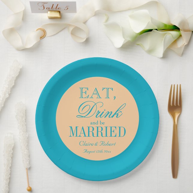 Aquamarine und pfirsichfarbene trendige Papier Hoc Pappteller (Hochzeit)