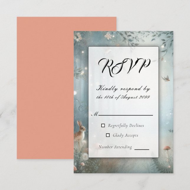 Aquamarine und pfirsichfarbene Waldhochzeit RSVP Karte (Vorne/Hinten)