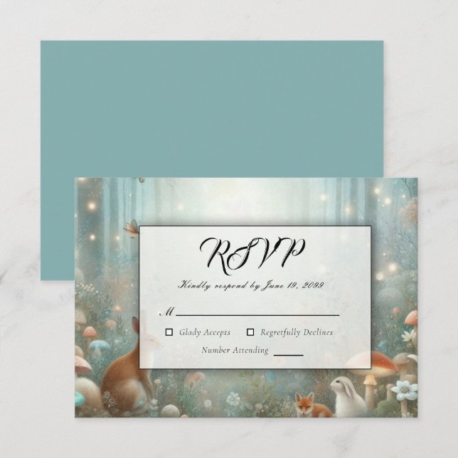 Aquamarine und pfirsichfarbene Waldhochzeit RSVP Karte (Vorne/Hinten)