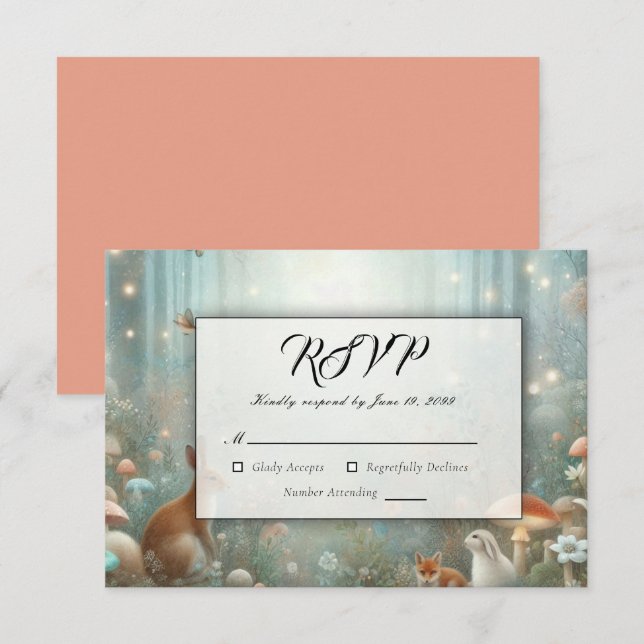 Aquamarine und pfirsichfarbene Waldhochzeit RSVP Karte (Vorne/Hinten)