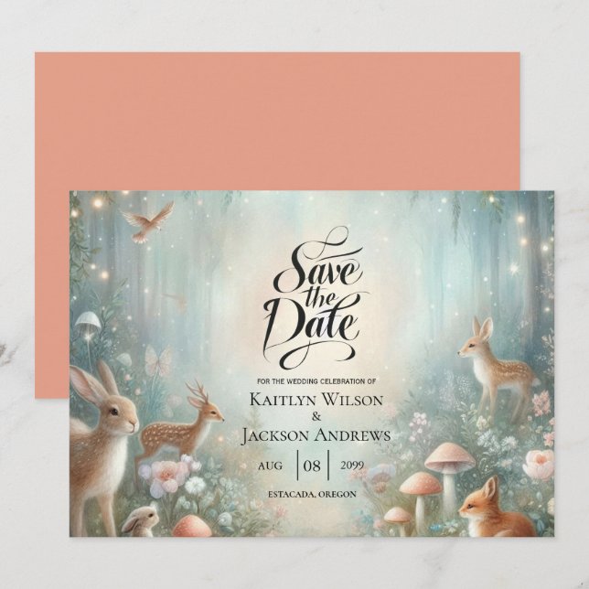 Aquamarine und pfirsichfarbene Waldhochzeit Save The Date (Vorne/Hinten)