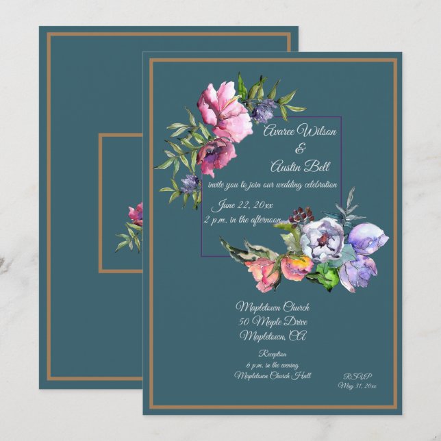 Aquamarine und rosa Blume Einladung (Vorne/Hinten)