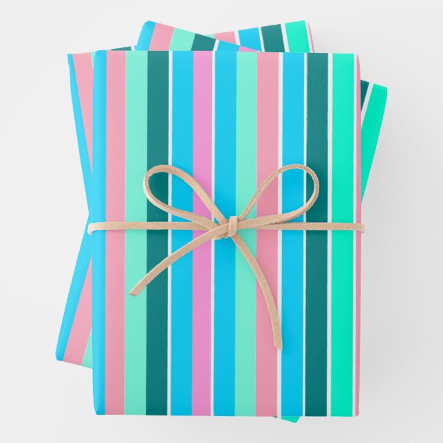 Aquamarine und rosa Streifen Geschenkpapier Set (Beispiel)