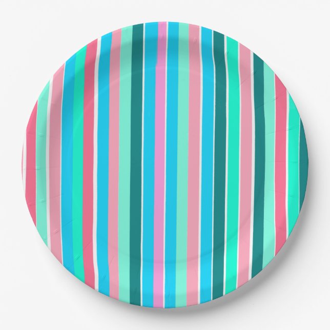 Aquamarine und rosa Streifen Pappteller (Vorderseite)