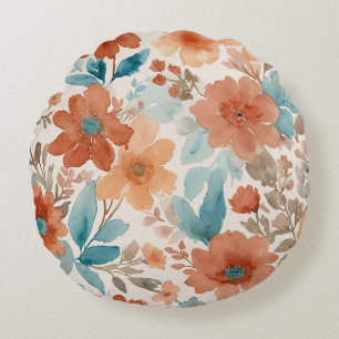 Aquamarine und rostfarbene Aquarellblüte in Beige Rundes Kissen