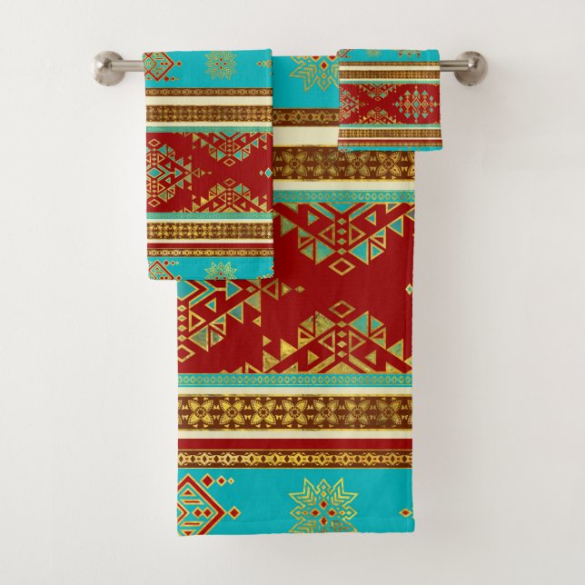 aquamarine und rote Ätnische Ornamente Badhandtuch Set (Insitu)