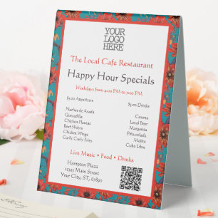 Aquamarine und rote Blumenmuster Happy Hour Specia Tischaufsteller