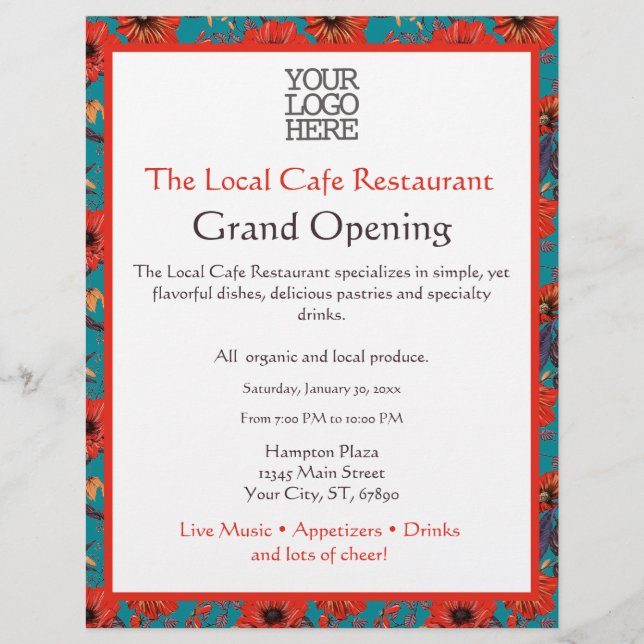 Aquamarine und rote Flora Design Business Grand Op Flyer (Vorne)