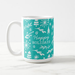 Aquamarine und rote Pinienbäume und Schneeflocken Kaffeetasse
