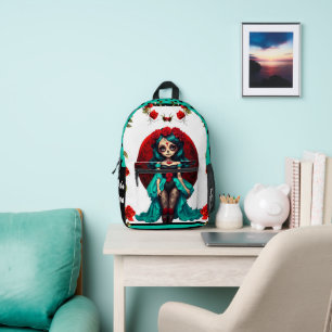 Aquamarine und Rote Rosen Zuckerschädel Bedruckter Rucksack