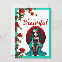 Aquamarine und Rote Rosen Zuckerschädel Dankeskarte