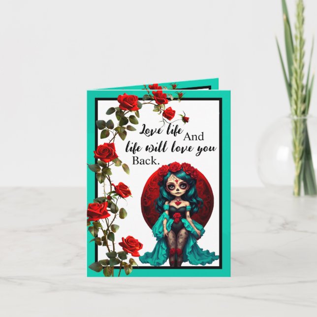 Aquamarine und Rote Rosen Zuckerschädel Dankeskarte (Vorderseite)