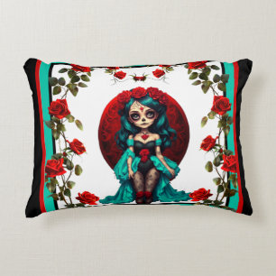 Aquamarine und Rote Rosen Zuckerschädel Dekokissen