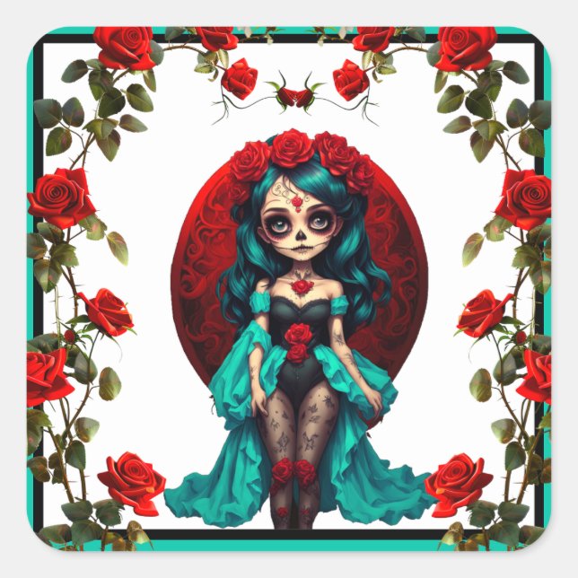 Aquamarine und Rote Rosen Zuckerschädel Quadratischer Aufkleber (Vorderseite)
