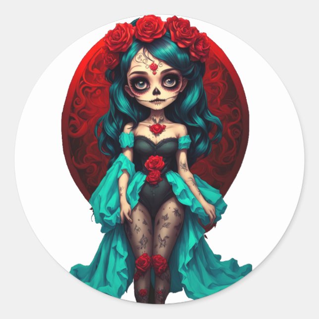 Aquamarine und Rote Rosen Zuckerschädel umhüllen S Runder Aufkleber (Vorderseite)