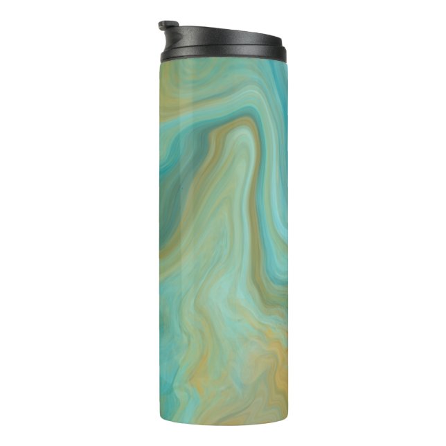 Aquamarine und Sandy Brown Wirbel Marmorskunst Thermosbecher (Nach rechts gedreht)