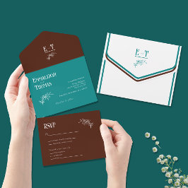Aquamarine und schokoladenartige moderne Hochzeit All In One Einladung
