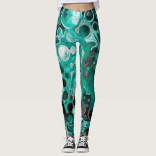 Aquamarine und schwarze Blasen Digitale Fluid Art Leggings