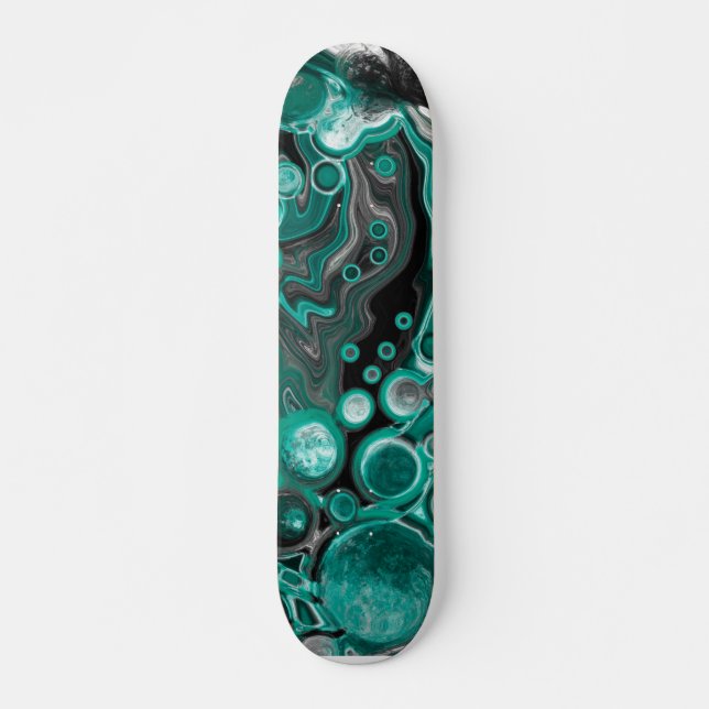 Aquamarine und schwarze Blasen Digitale Fluid Art  Skateboard (Vorne)