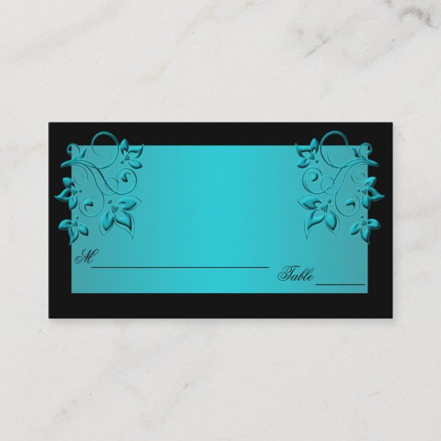 Aquamarine und schwarze Blumen Platzkarte (Vorderseite)