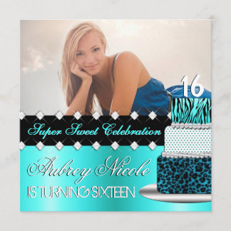 Aquamarine und schwarze Chic-Kuchen-Foto-Einladung Einladung