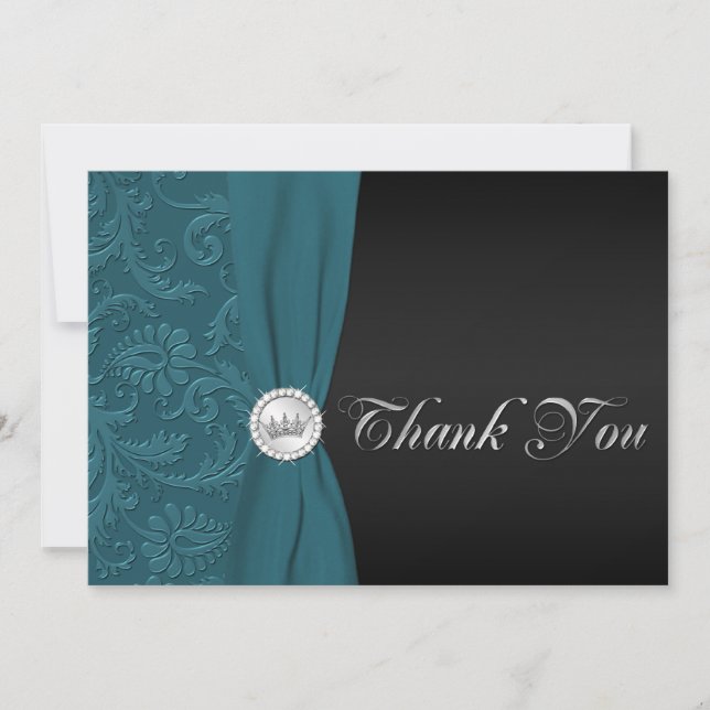 Aquamarine und schwarze Damask Quinceanera Danke-K Dankeskarte (Vorderseite)