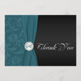 Aquamarine und schwarze Damaske Mit Monogramm Dank Dankeskarte