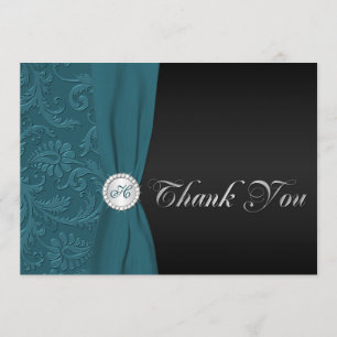 Aquamarine und schwarze Damaske Mit Monogramm Dank Dankeskarte